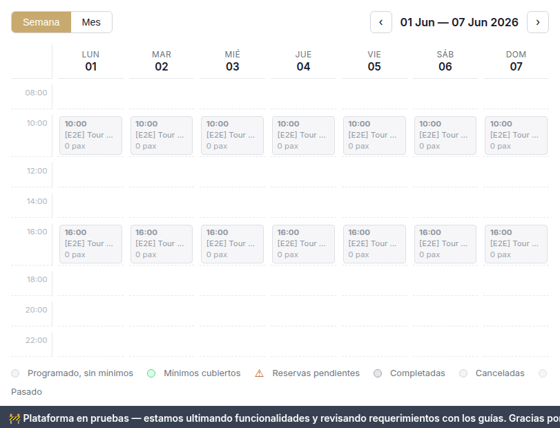 Calendario semanal del dashboard del guía