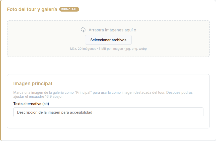 Sección de foto principal y galería de imágenes del tour