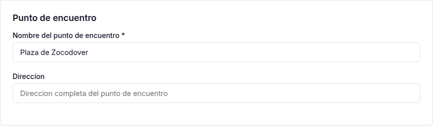 Sección de punto de encuentro con nombre y dirección