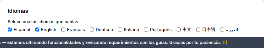 Selector de idiomas y avatar del guía