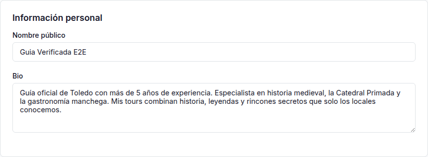 Página Mi Perfil del guía con información personal