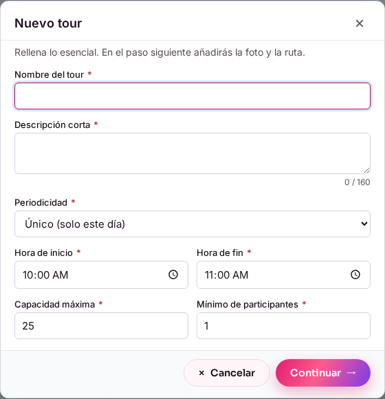 Modal de creación rápida con campos básicos del tour