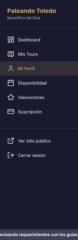 Menú lateral del panel de guía con opción Mis Tours