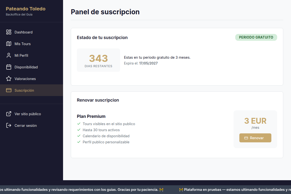 Página de suscripción del guía con opciones de pago